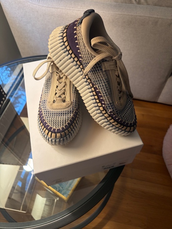 Chloe Shoes - Chloé Cosmic Blue Woven-Trim Sneakers - Cream with Blue Stitching